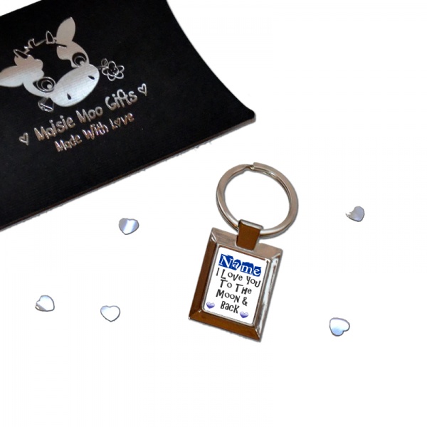 Personalised Blue Hearts I Love You To The Moon & Back Metal Keyring In Gift Box